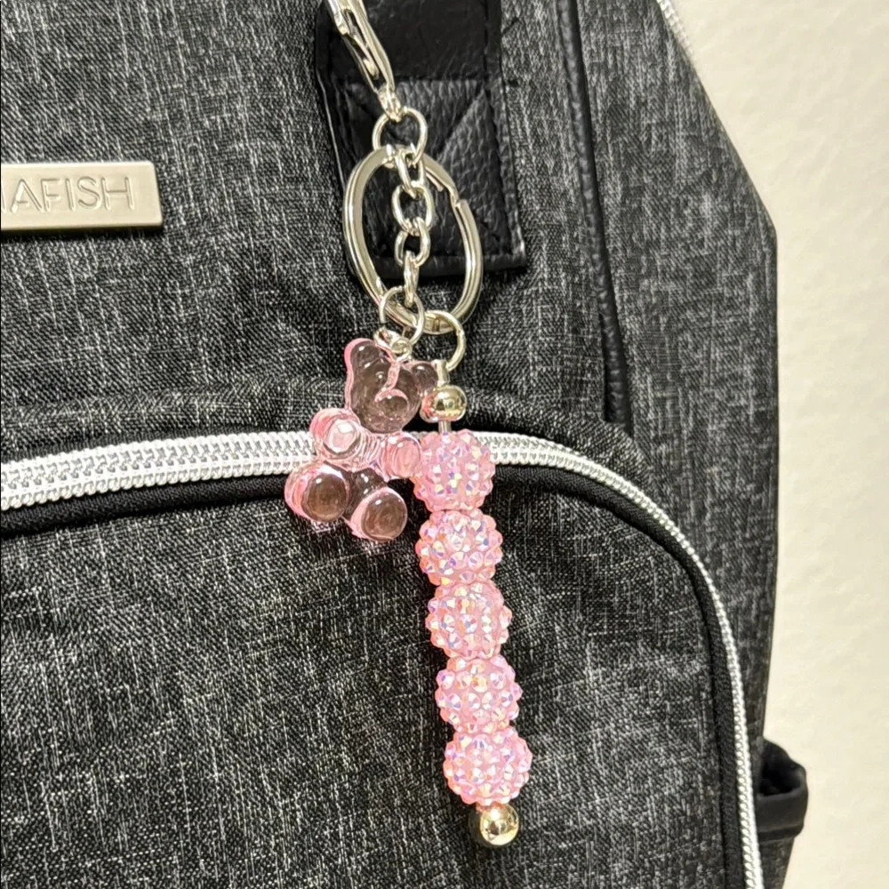 Pink Beaded Keychain with Bear Charm